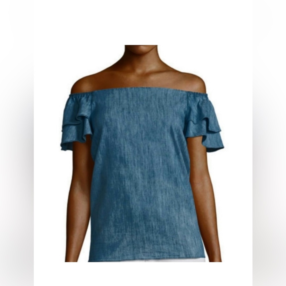 Alice + Olivia Loryn Dark Blue Chambray Flutter Sleeve Blouse Off Shoulder S‎